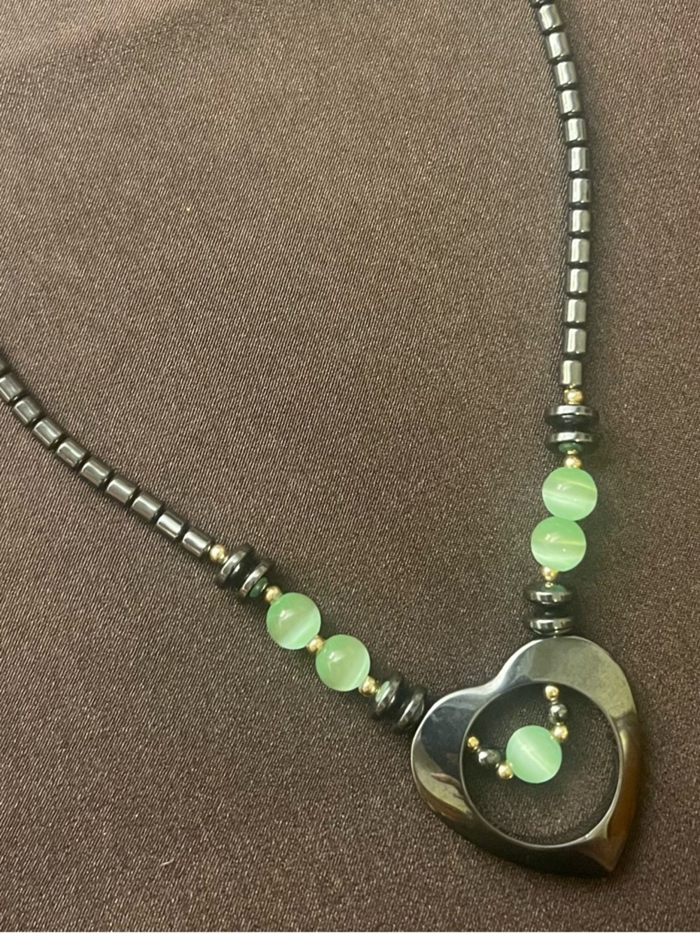 Heart Pendant Necklace - Hematite and Cat Eye Beads